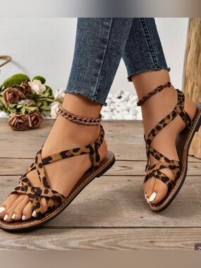 Leopard Print Crossover Strap Sandals - Brown